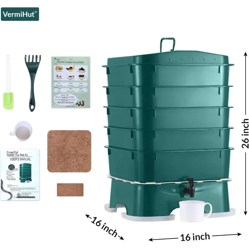 

New arrivals Plus 5 – Tray Worm Composter -Dark Green,Sustainable Design for Both Indoor & Outdoor, Worm Compost Bin for Vermico