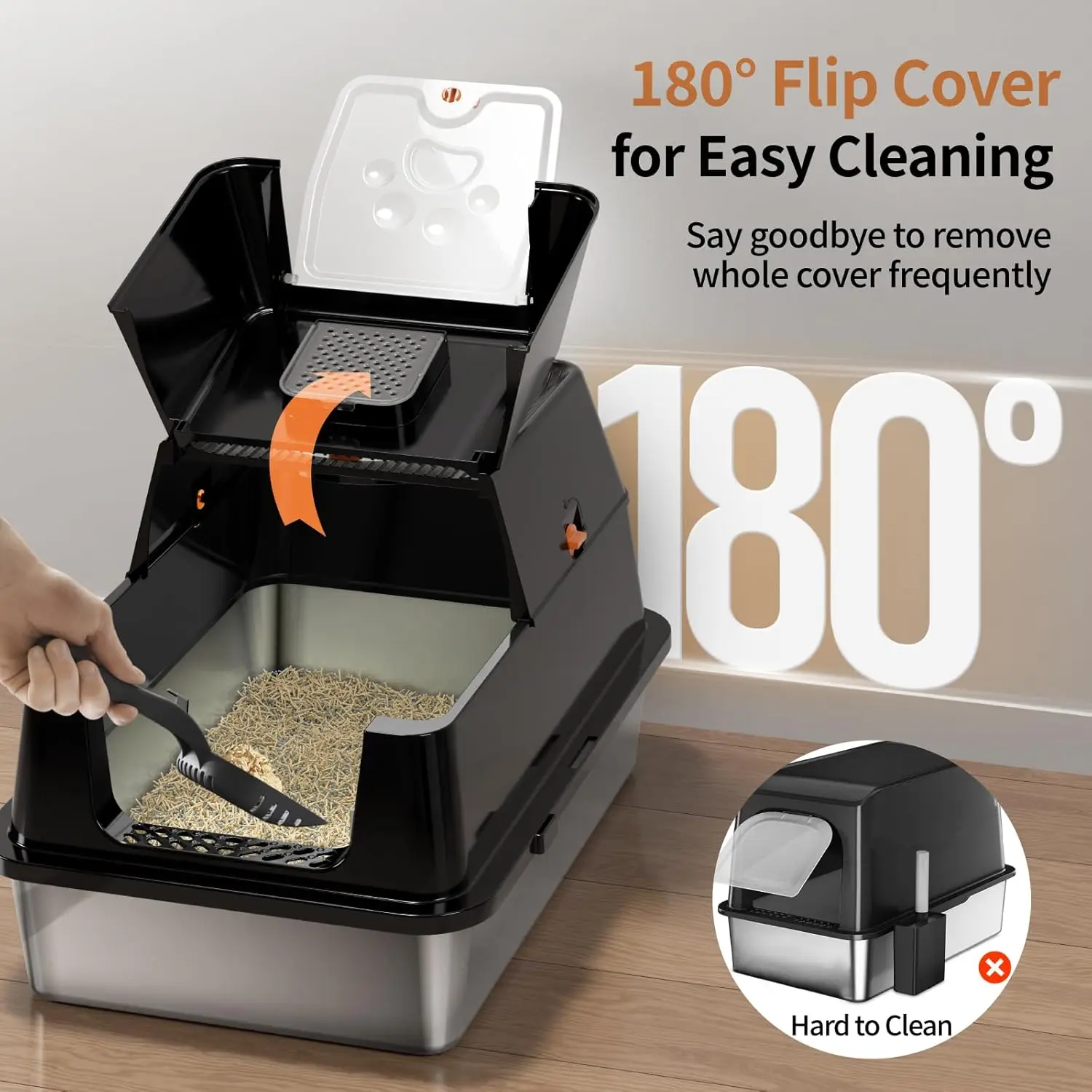 

Stainless Steel Cat Litter Box with Lid, 180° Flip-Top XL Extra Large Enclosed Litter Box, Covered Metal High Sided Litter Pan