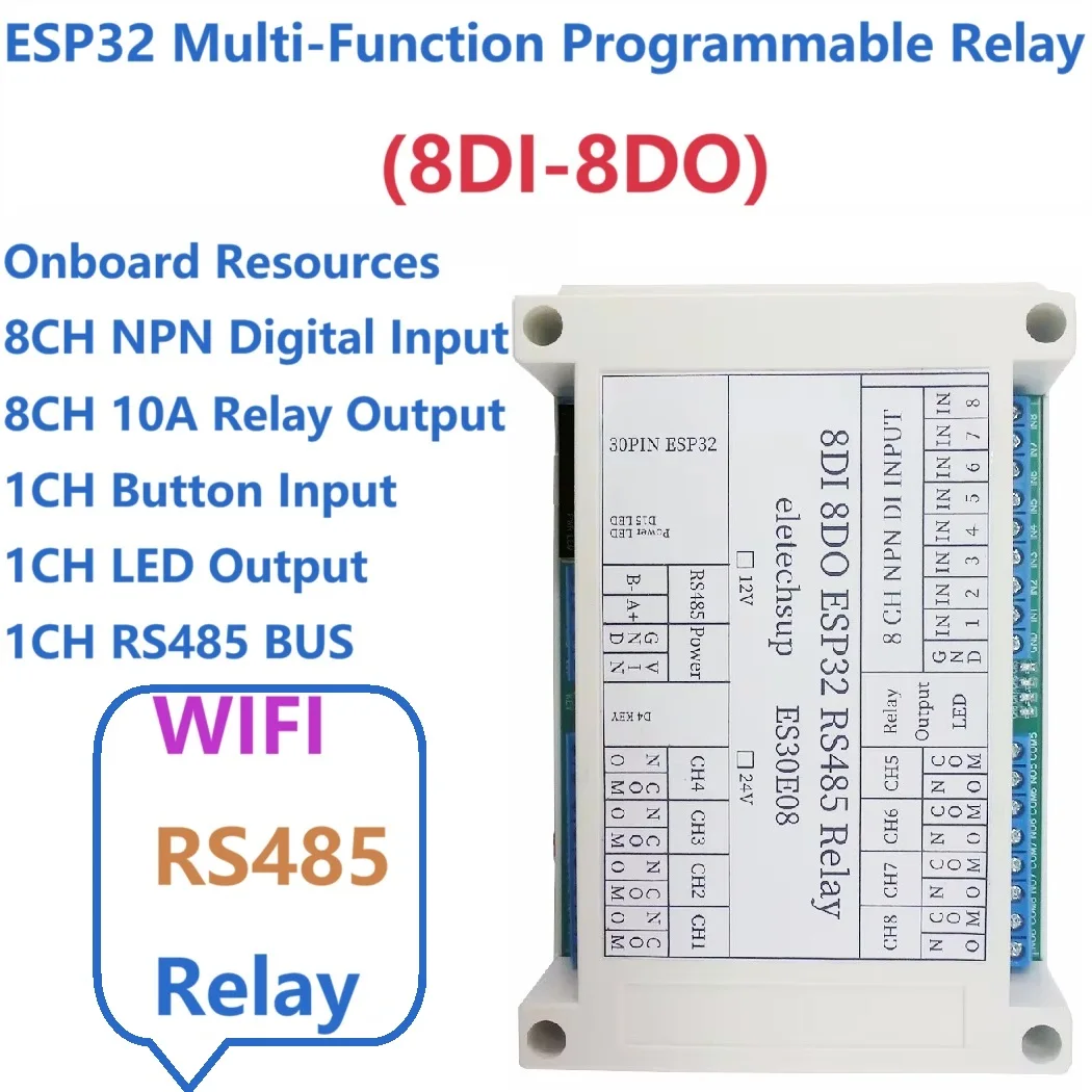 

DC 12V 24V 8CH Wifi Relay 30Pin ESP32 Programmable Expansion Board Modbus RS485 IO Module for Arduino IOT Network Smart Switch
