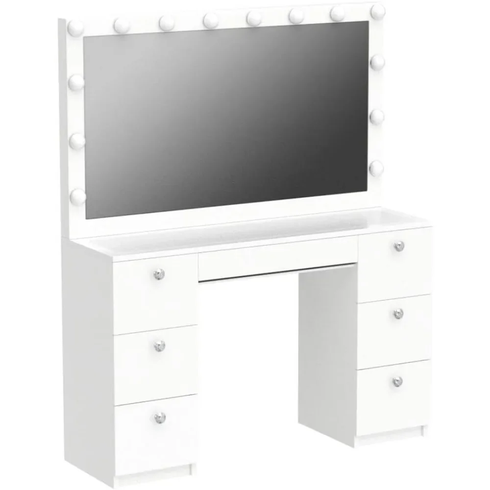 Mesa de maquiagem com luzes, 7 gavetas, bancada sem vidro, botão de cristal, 54,13 polegadas altas x 46,44 polegadas de largura x 15,44 polegadas profundas