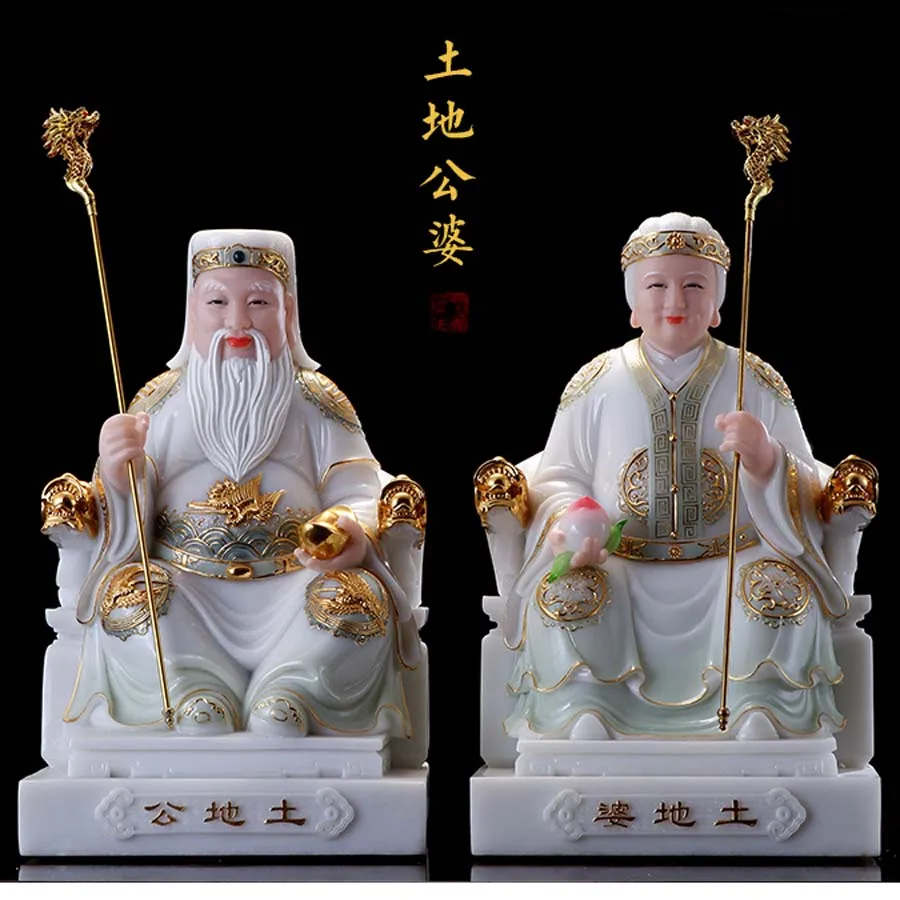 

A pair TOP gilding jade TU DI GONG PO BUDDHA figure HOME shop Prosperity God of wealth CAI SHEN YE FENG SHUI statue