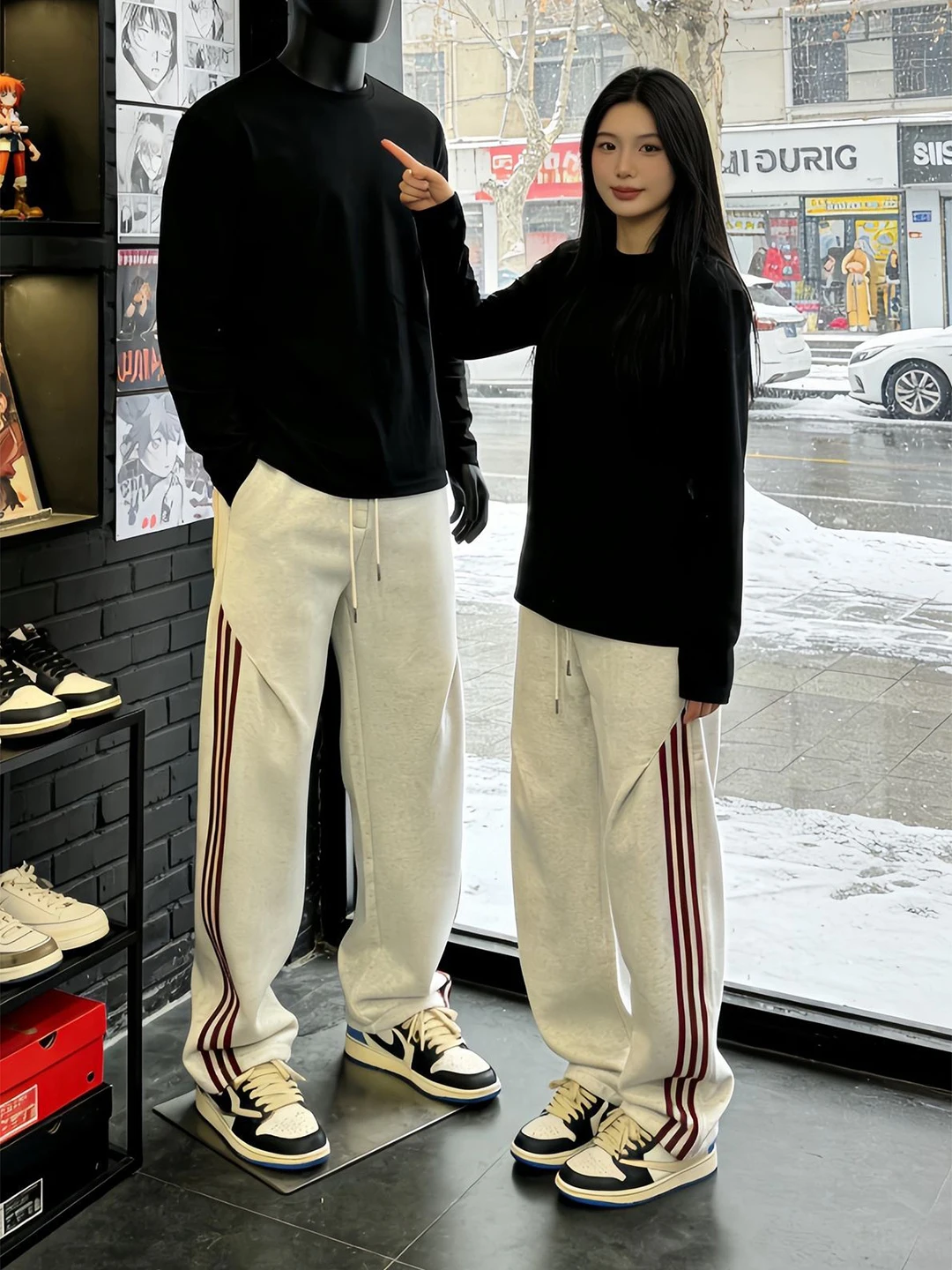 

American High Street Thiened Tee Bars Bend Knife Fitn Running Pants Men's Winter Thiened Striped Sports Trousers