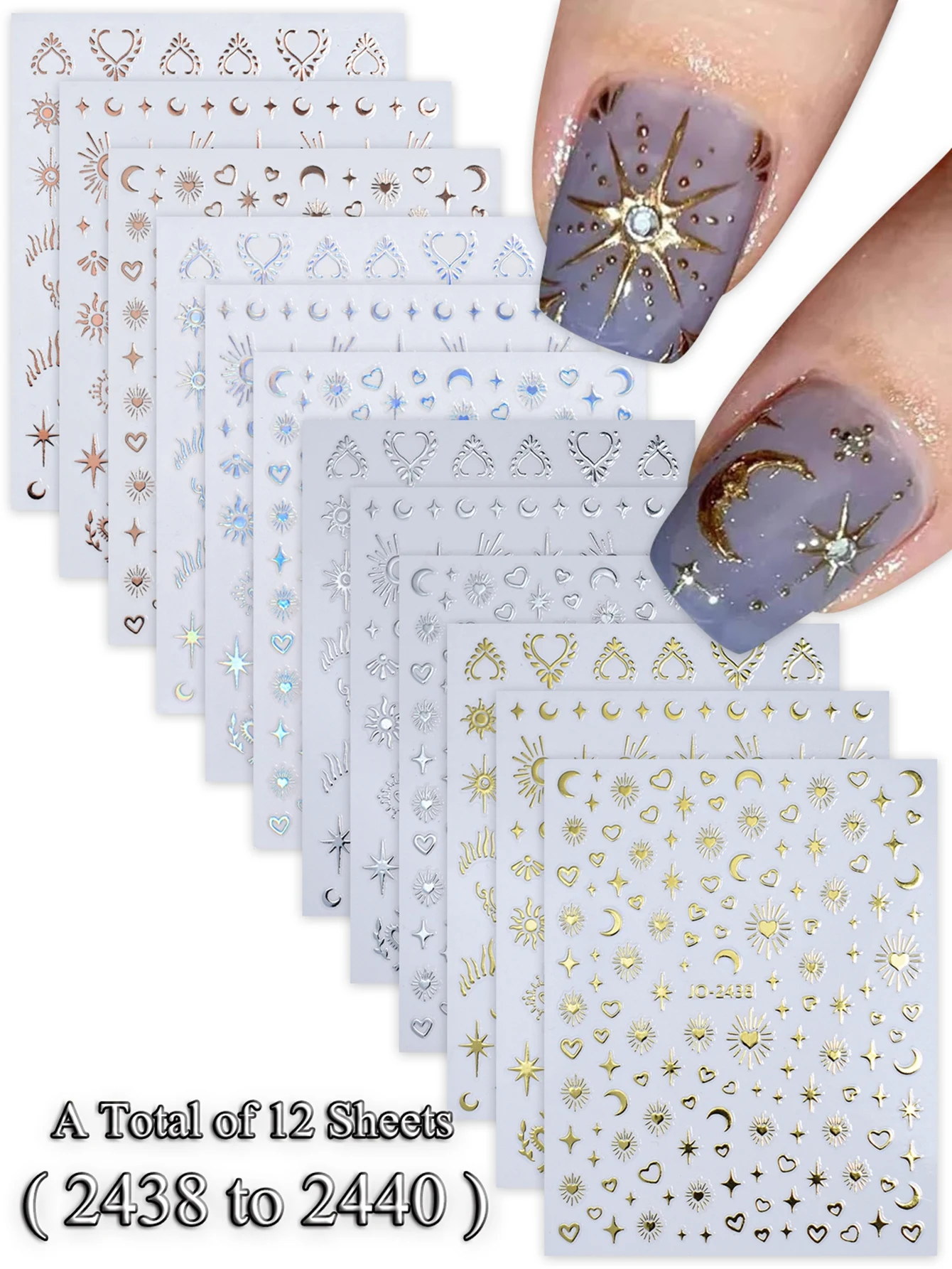 6/12/24 Vellen Gouden & Zilveren Ster, Maan & Hart Nagelstickers, Zelfklevende 3D Nageldecoratie Stickers voor DIY Manicure Decoratie
