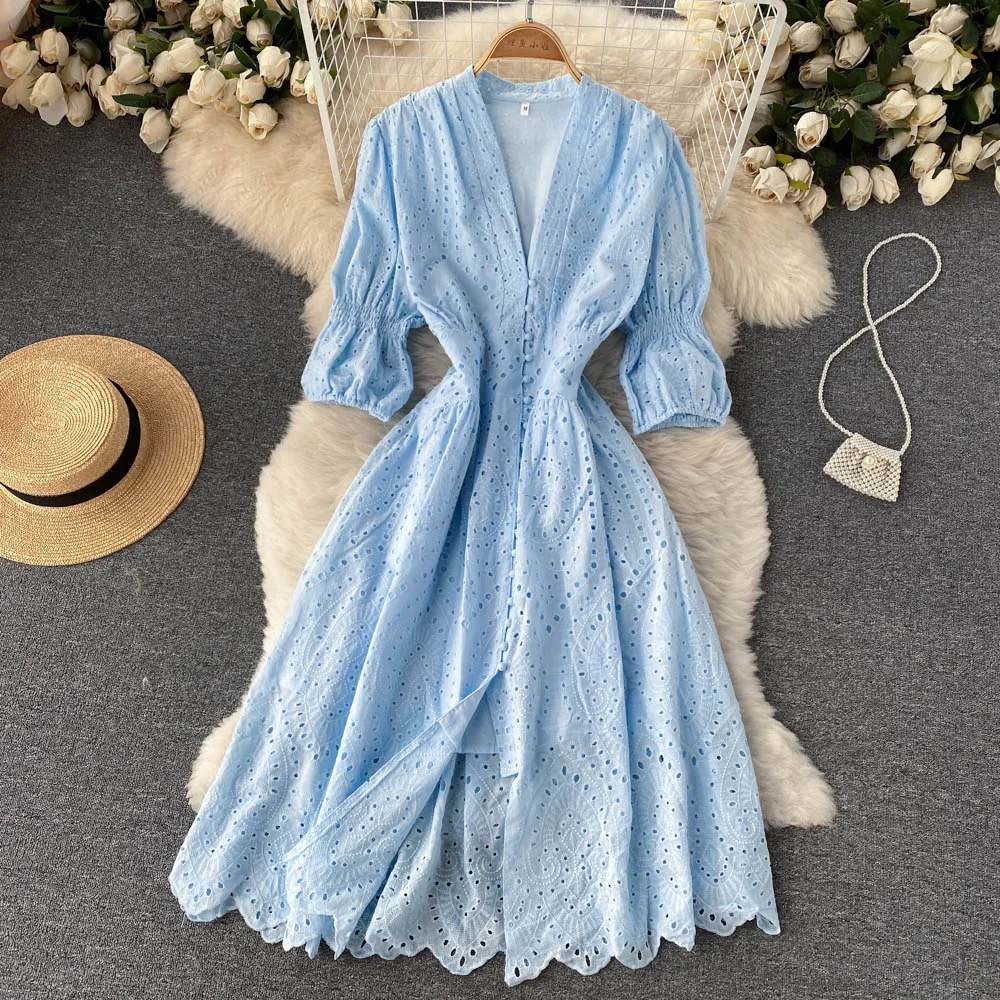 

French Single Breasted V-neck Jacquard Simple Dress Women 2021 Hollow Out Embroidery Lantern Sleeves Sweet Lolita Holiday Dress