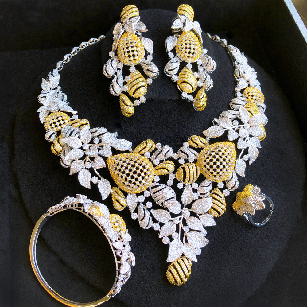 GODKI Super Big Luxury 4PCS BEE NEST African Jewelry Sets For Women Wedding Cubic Zirconia Dubai Bridal SetS Costum Jewelry