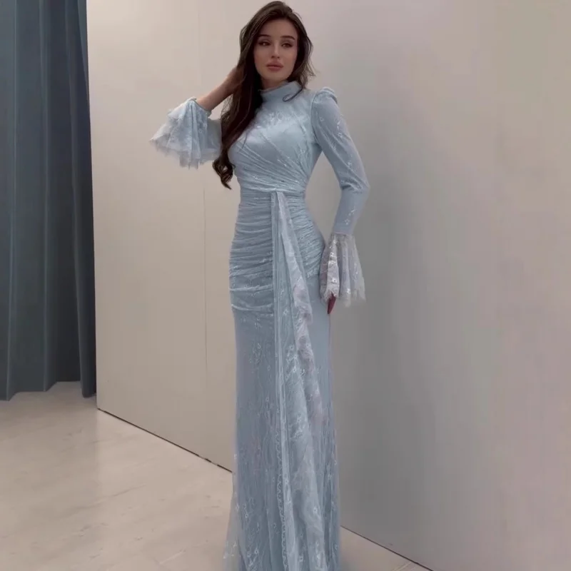 Spring New European and American Style Elegant Long Sleeve Soft Formal Dress Women