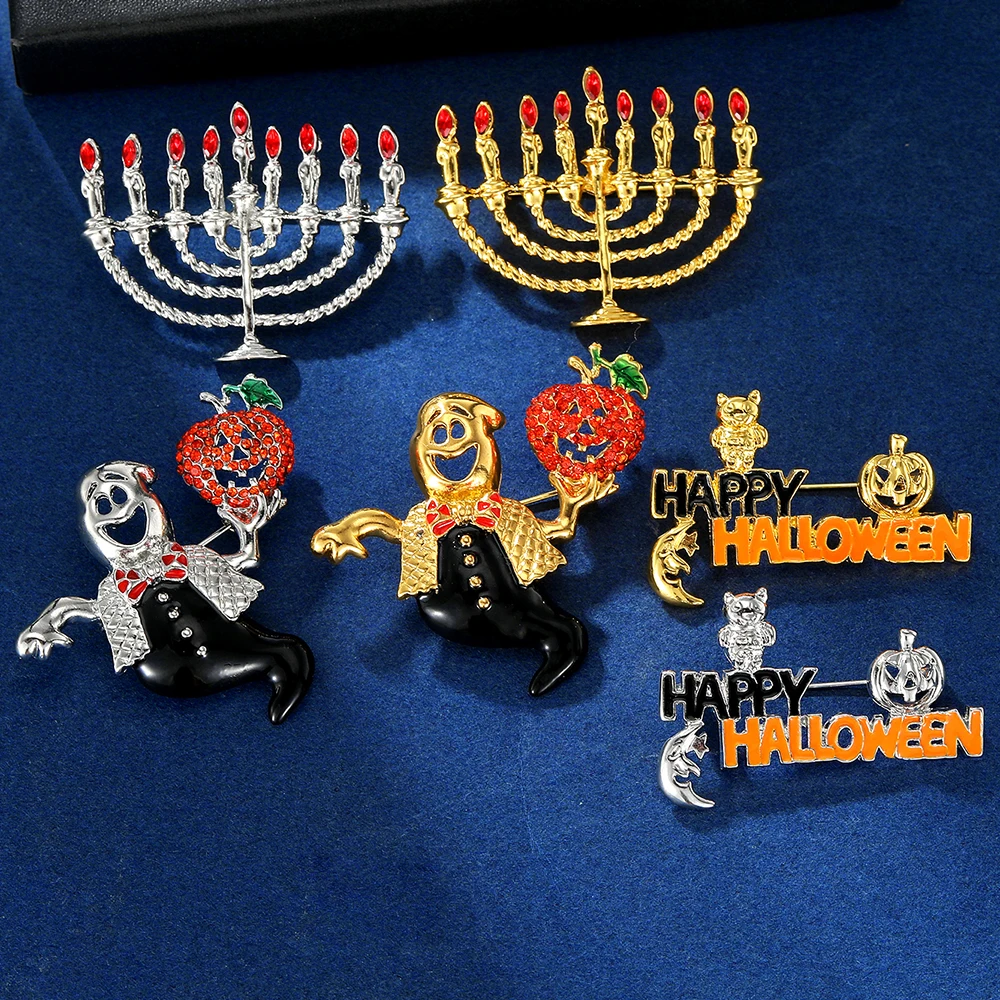 Dazzling Golden Happy Halloween Lapel Pins Ghost Hold Pumpkin Head Crystal Brooches Candlestick Candelabrum Badge