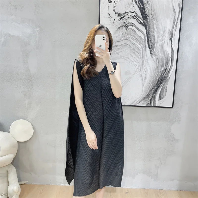 

Miyake Pleated Fashion Sweet Dress Women's 2024 Summer New Dating and Camping Vacation Set Sleeveless Mid Length Dress