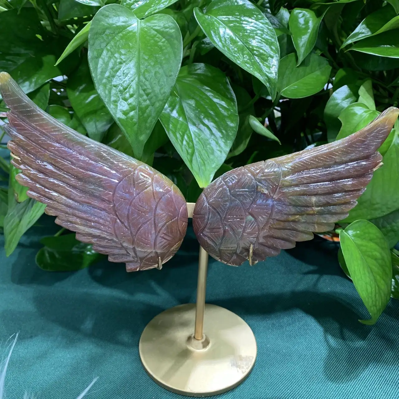 Natural Ocean Jasper hand carved angel wings Figurine stone crystal Wings Sculpture with showing stand