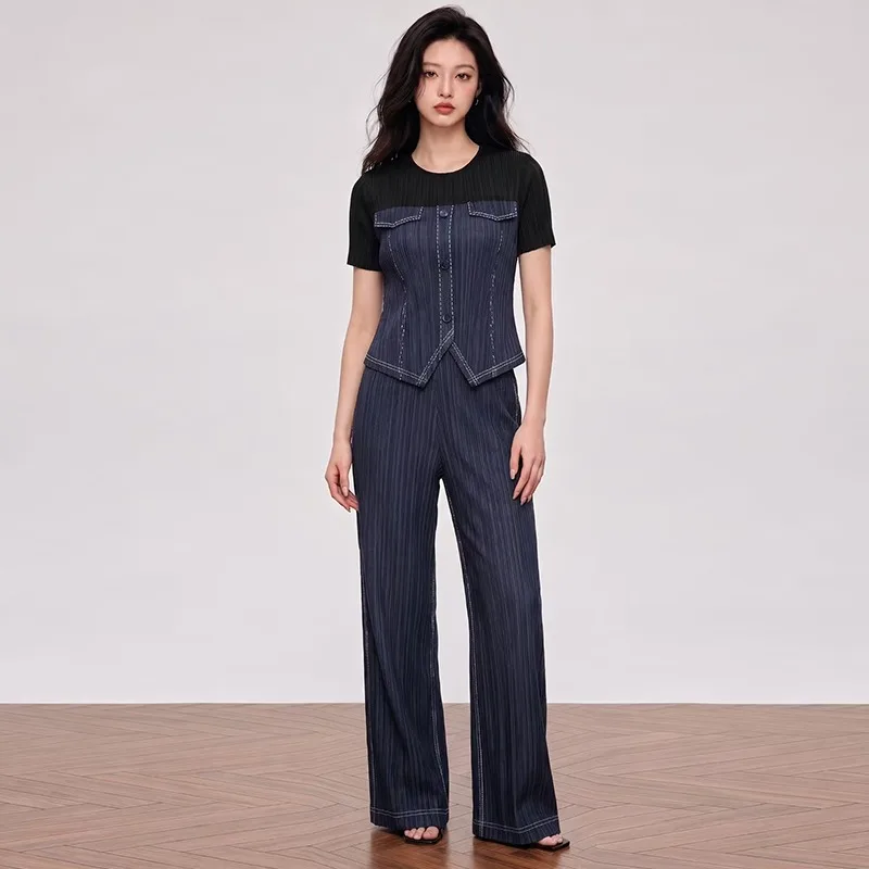 

Miyake Pleated T-Shirt 2026 Summer New Denim Color Spliced Short Sleeve Top Elastic Waist Straight Wide Leg Pants 2-Piece Women