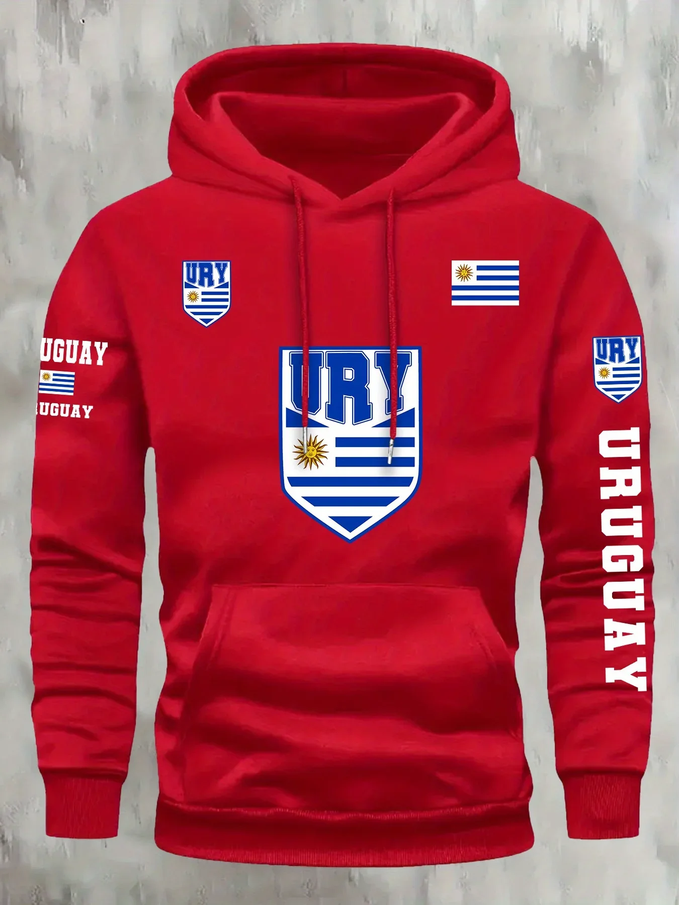 Sudadera con capucha gráfica del orgullo nacional de Uruguay para hombre, diseño de emblema y bandera de escudo azul real, ropa de calle con bolsillo frontal y estampado geométrico