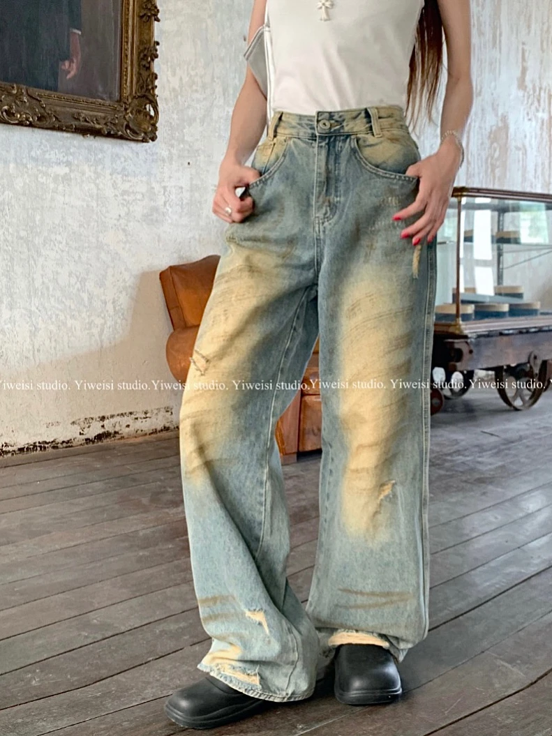 

Slergiri Women Y2k Ripped Jeans Streetwear Do old Baggy Denim Pants High Waisted American Vintage Wide-leg Long Trousers