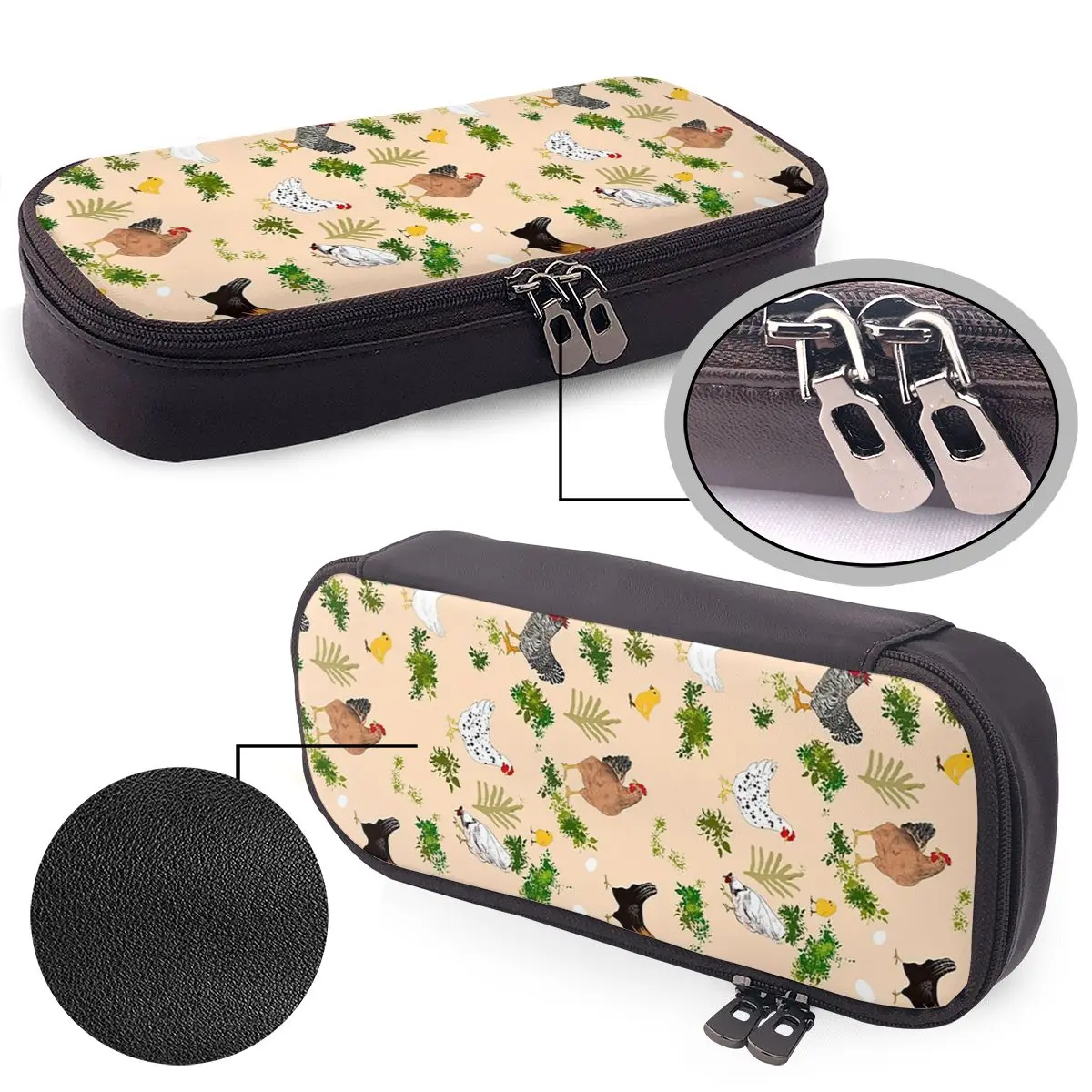 Chicken hen chicks Pattern Leather Pencil Case Pencil Pouch Storage Stationery Supplies Large Storage Pen Box Pencil Bag for Kid view 6