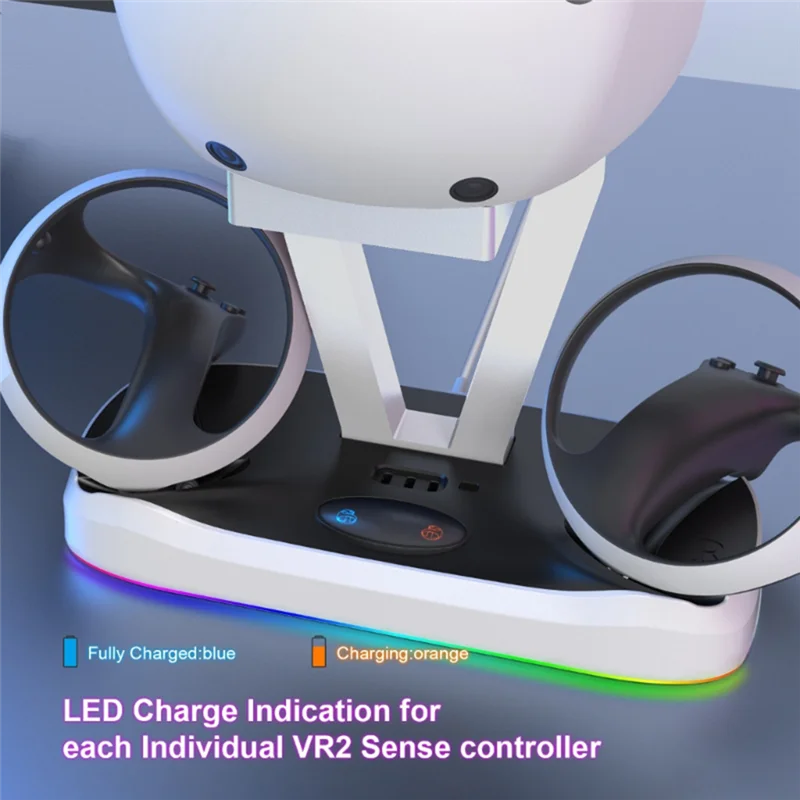 AT-Untuk Stasiun Pengisian Daya PS VR2 dengan Lampu RGB Warna-warni dan Tempat Headset, Pengisian Dok Pengisi Daya Pengontrol Game VR
