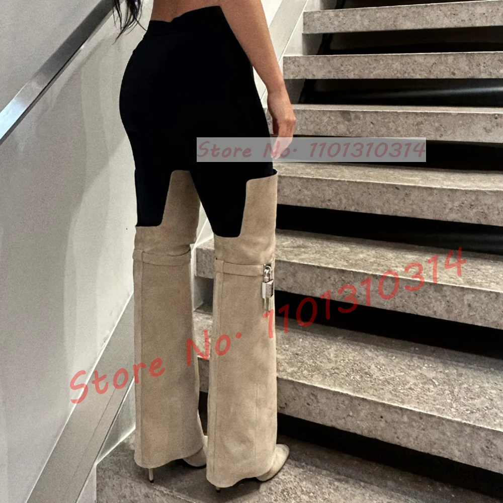 Khaki Suede Over Knee Boots With Silver Lock Women Trendy Fold Over Splicing Pointy Toe Slim Boots Sexy High Thin Heels Shoes