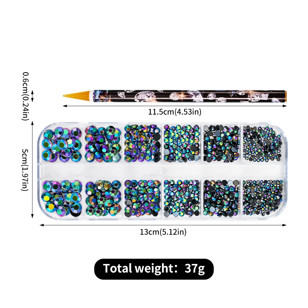 14Color+Tool AB Mixed Nail Art Rhinestones 3D Bling Flatback Diamond Nail Gems Red Champagne Gold Crystal Glass Stones Nail Deco
