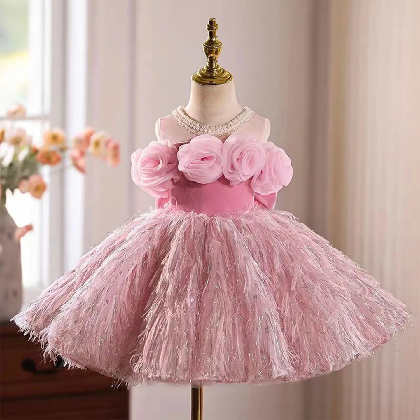 

Children Fashion Birthday Pink Princess Ball Gown Girls Cute Wedding Party Host Piano Performance Dress g396