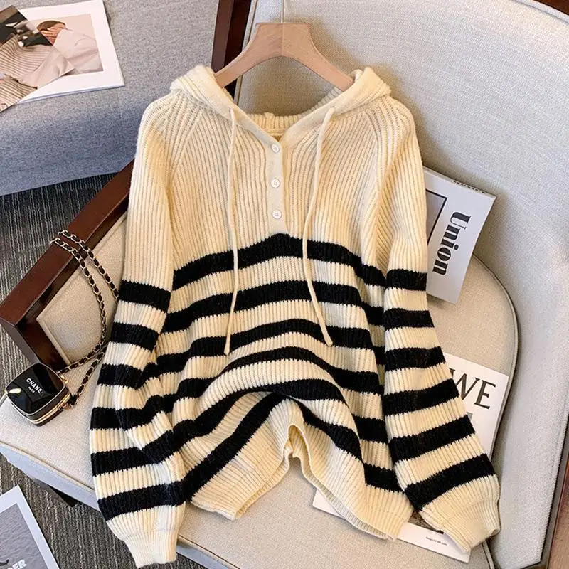 Women Clothing 2023 Autumn Winter Trendy Button Striped Hooded Knitted Sweater Casual Streetwear Loose Long Sleeve Pullover Tops