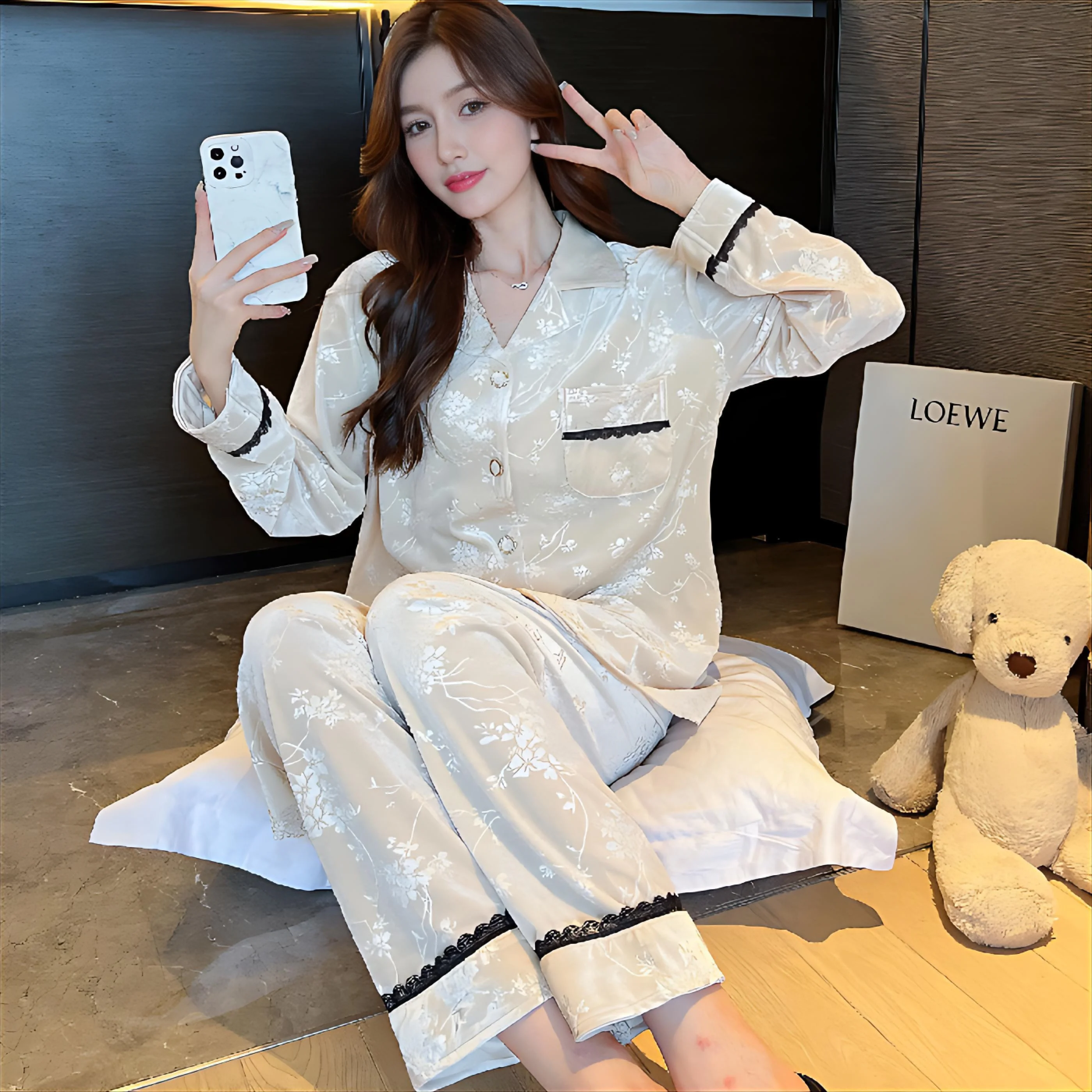 

Комплекты пижам для женщин: корейский стиль, кашемир, облегающие, праздничные, с оборками, удобные, на завязках спереди, без рукавов, длинные брюки, зимние, персиковые, с абстрактным принтом, для офиса (OL)