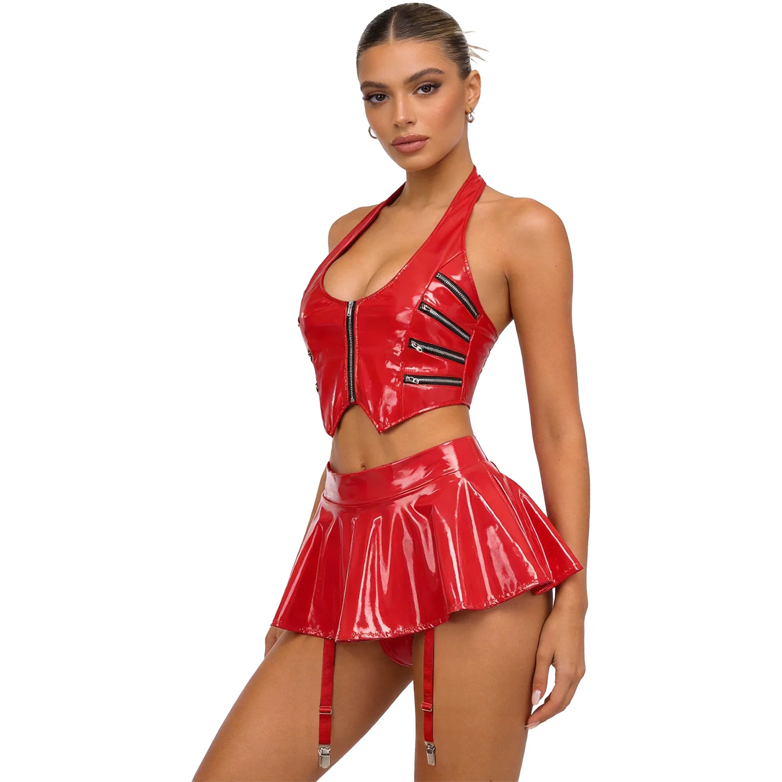Women Glossy PU Leather Set Open Front Zipper Crop Tank Top with Mini Skirt Clubwear for Nightclub Rave Party Bar Pole Dancing