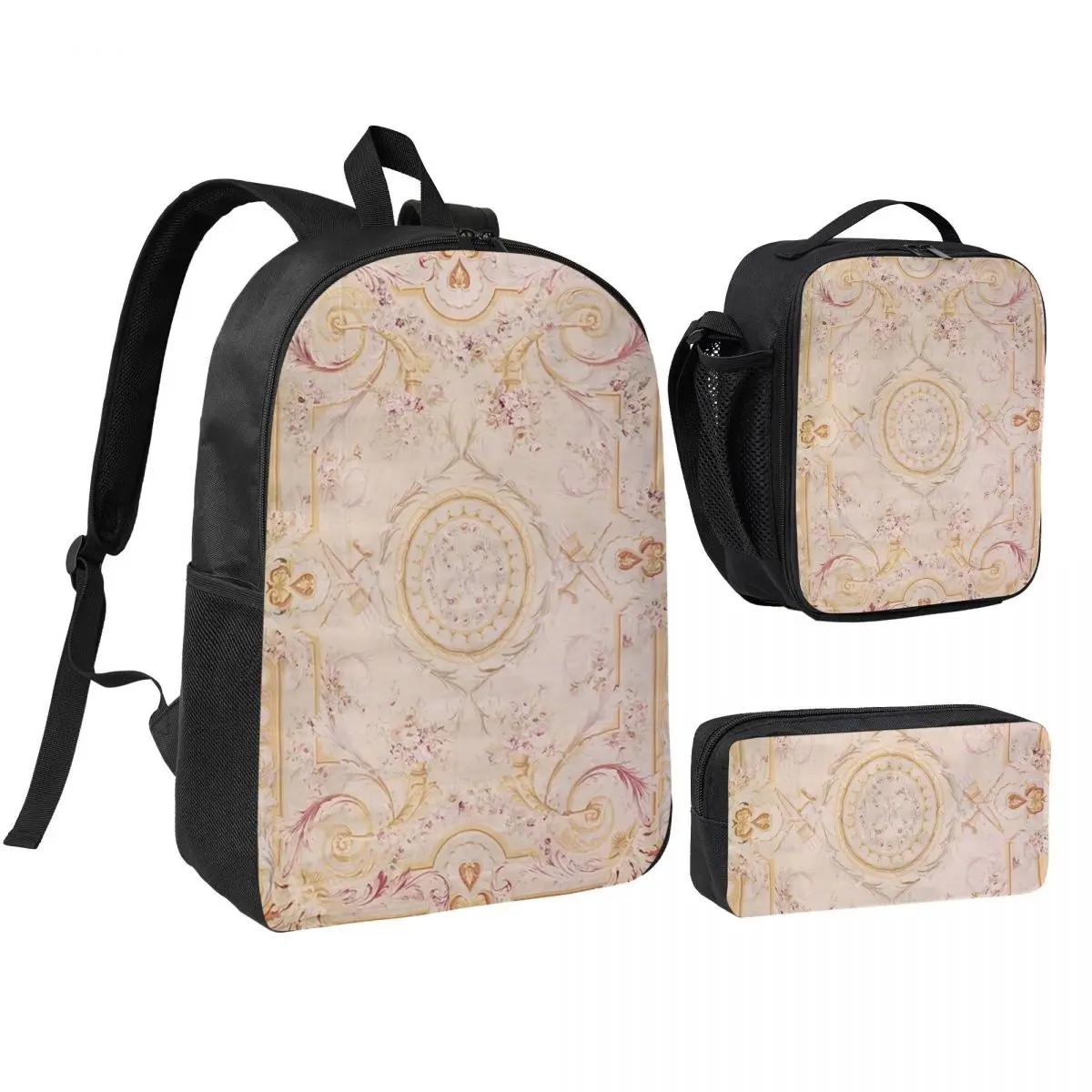 

Antique French Aubusson Rug Print Backpack Student BookBag School Bag Computer Shoulder Bags 3ps Insulated Lunch Bag Pencil Case