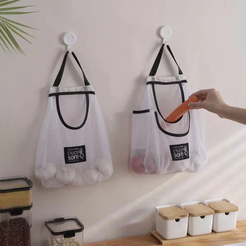 Multi-purpose Kitchen Hanging Storage Bags Breathable Polyester Mesh Bag Vegetable Fruit Holder Kitchen Accessories