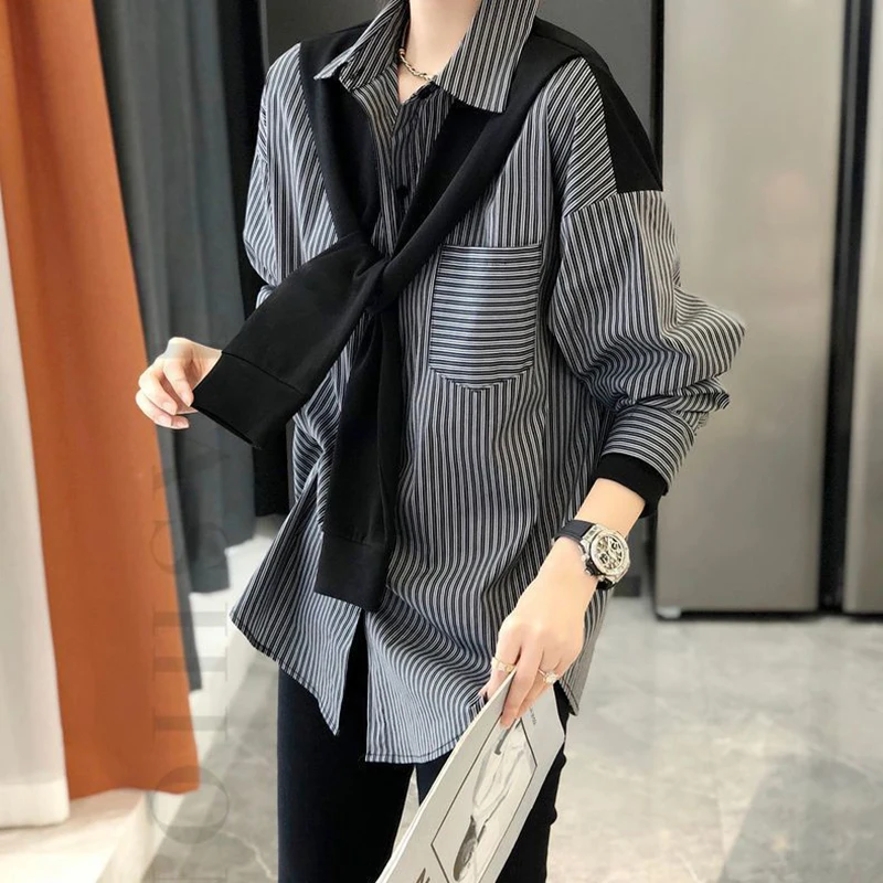 Stripe Women Shirts Korean Lace Up Loose Patchwork Female Casual Blouse Autumn New Office Turn Down Collar Chic Ladies Long Tops