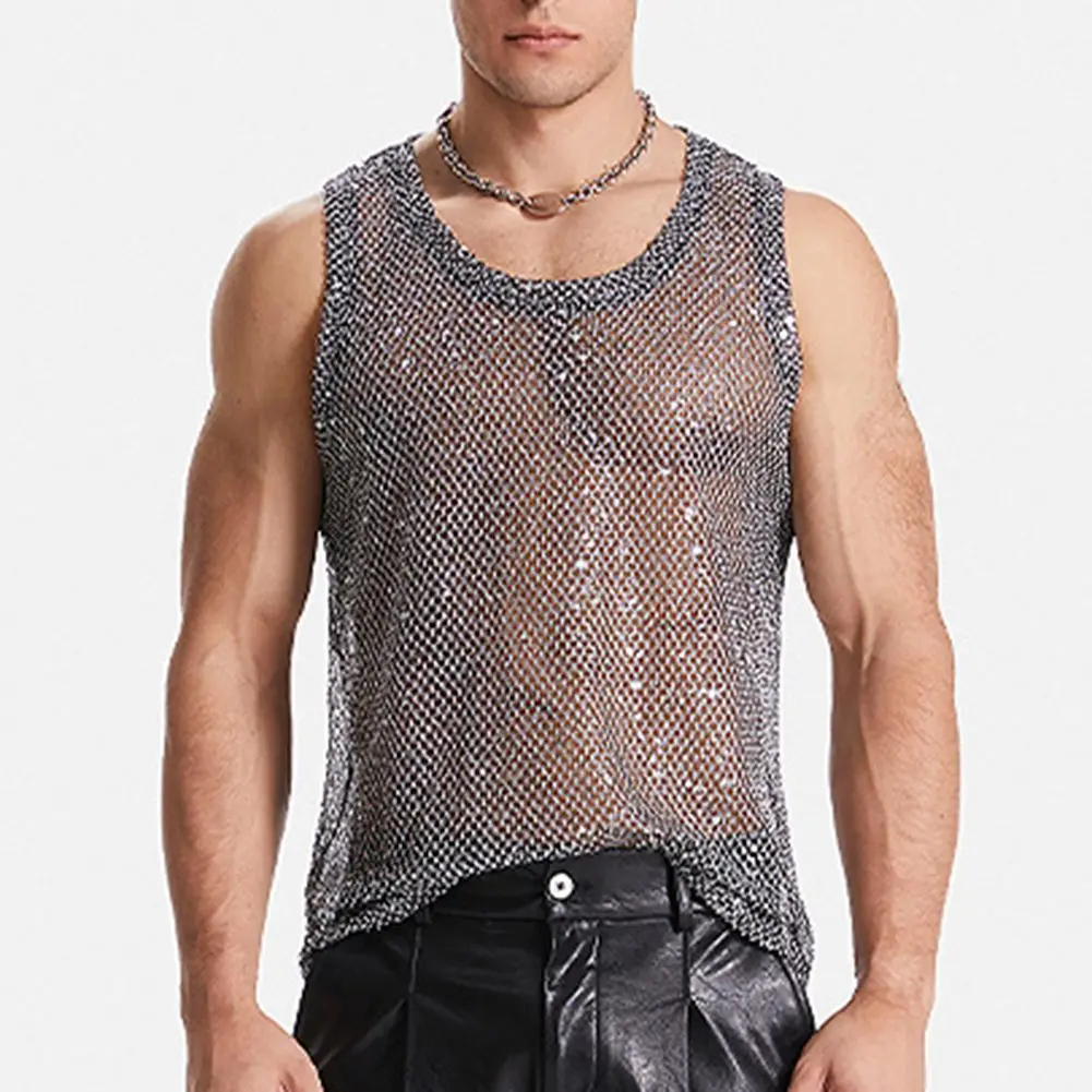 

Mens Sexy Mesh Sequins Hollow Out Muscle Tank Top Sleeveless Glitter Sheer Transparent Vest Fishnet Party Tops Simple Male Vest