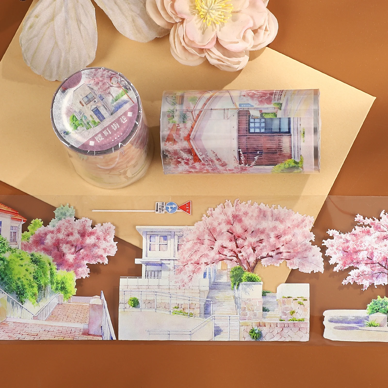 

Винтажная лента PET с изображением уличного пейзажа и цветущих вишневых деревьев, 70 мм*5 м, для творчества, скрапбукинга, коллажей и оформления дневников