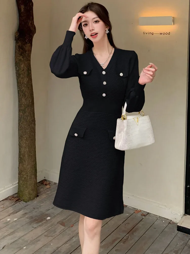 خريف شتاء حلو محبوك الخامس الرقبة Vestidos خمر عادية كم طويل أنيقة Elbise الكورية تصميم سليم ألفي مبطن فستان تريكو