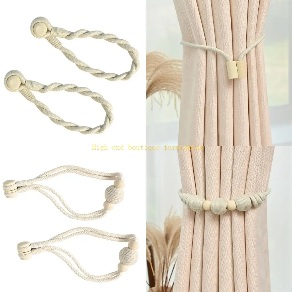 L9NB 2Pcs Woven Rope Curtain Binders with Beads Tiebacks for Interior