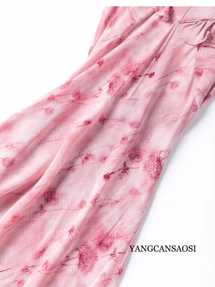 1.4 미터 길이 100% 천연 뽕나무 실크 크레페 드 신 오블리크 컷 민소매 휴가 스타일 여성 캐주얼 프린트 드레스