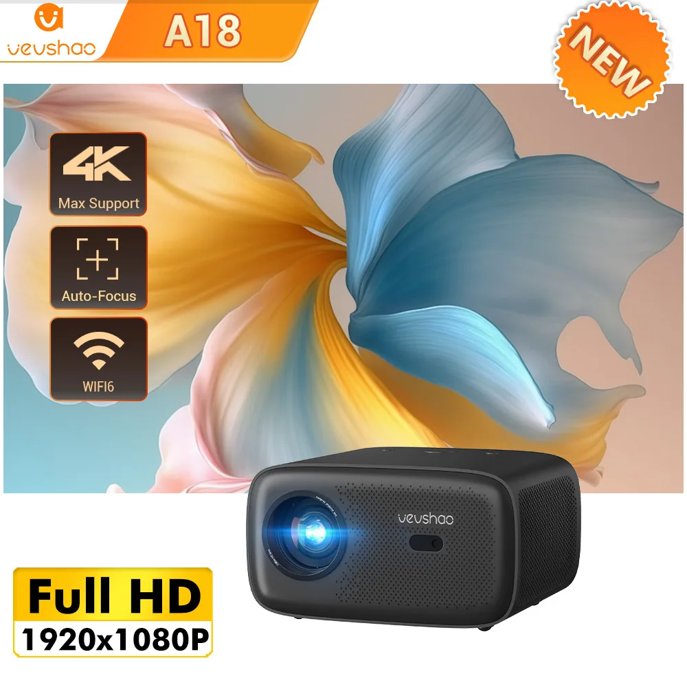 VEVSHAO A18 Projector Full HD 1920*1080P 2K 4K Video Auto Focus 600Ansi Android 9.0  WiFi 6 Home Theater Smart Proyector