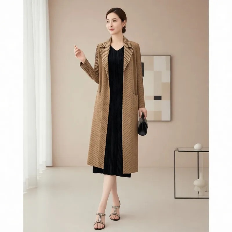 

Miyake новый женский плиссированный плащ, куртка с лацканами и длинными рукавами, модный простой кардиган средней длины, европейская одежда