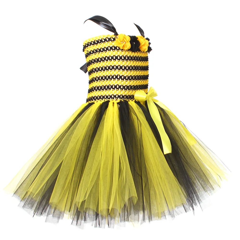 Robe de Princesse à Rayures Noires et Jaunes pour Fille, Costume de ixd'Halloween pour Enfant