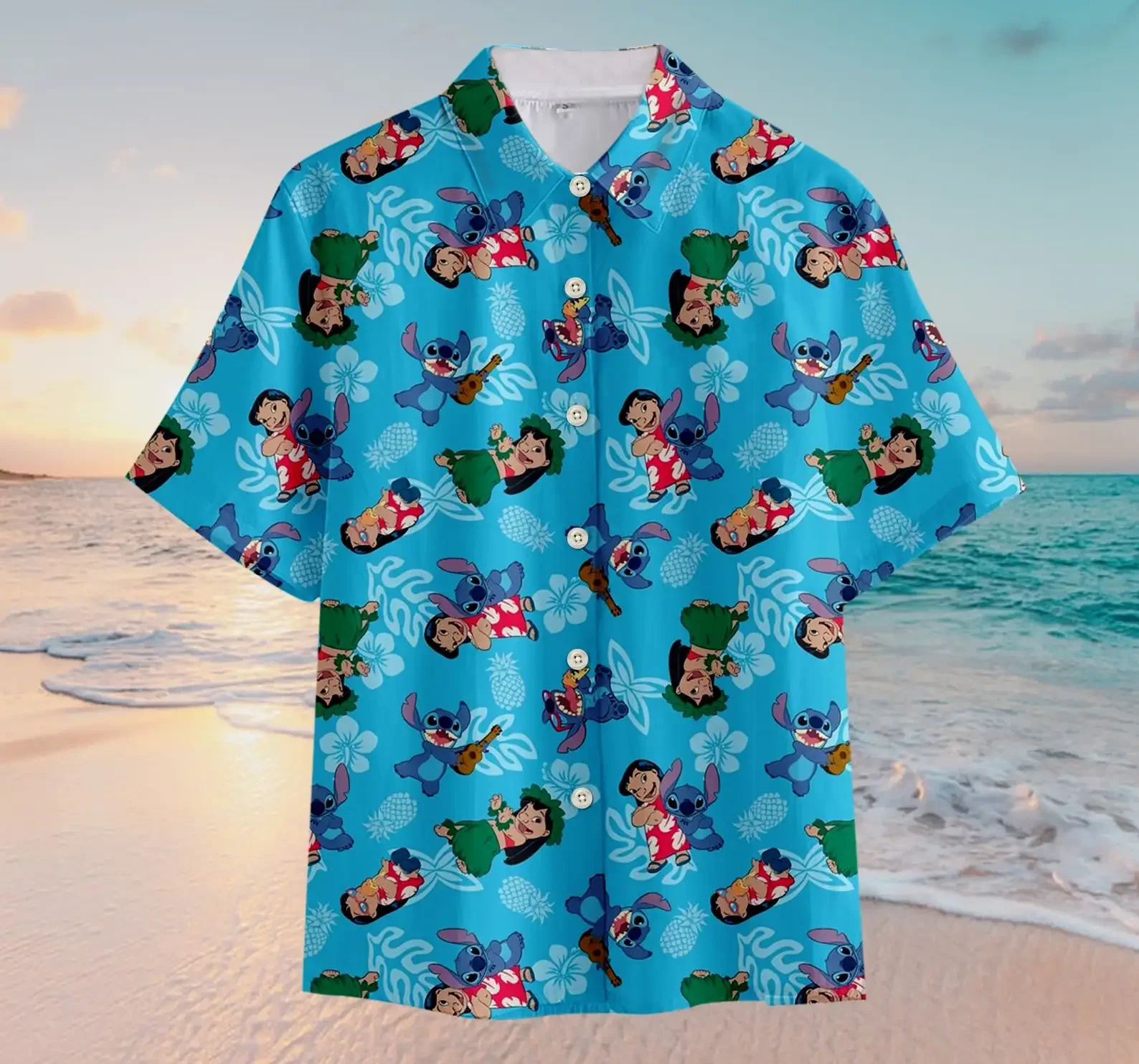 Homens e mulheres disney stitch camisas havaianas, com botões, camisas de praia vintage casuais