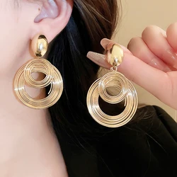 Two-layers Circles Women's Hanging Earrings Gold Color Silver Color Metal Spiral Pendants Dangle Earrings for Female European