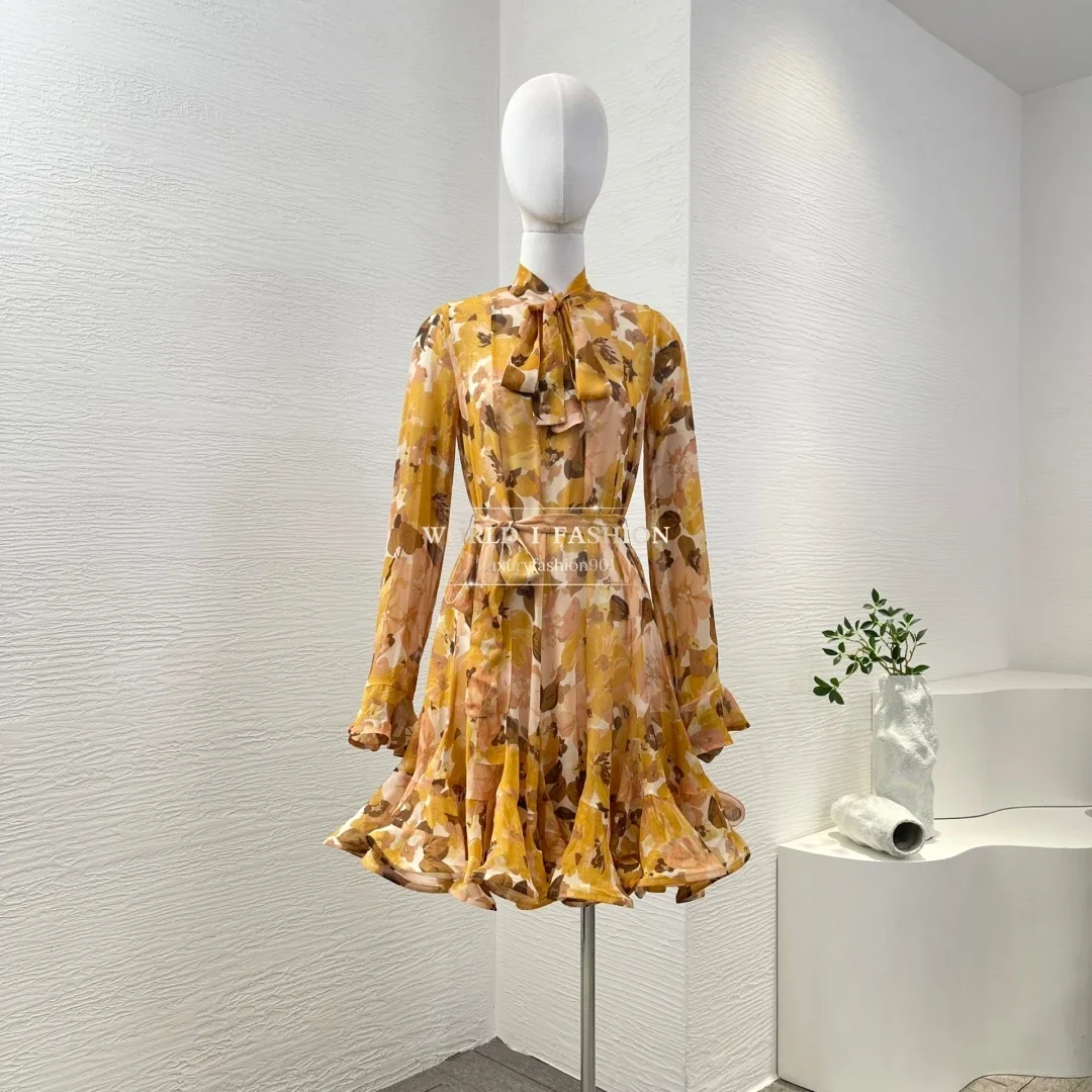 

High Quality Orange Brown Floral Print Long Sleeve Ruffles V Neck Mini Dress