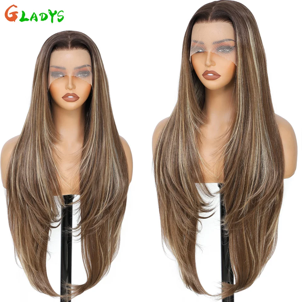 Gladys 30 Zoll Peruca de Cabelo Liso Front Lace 320g - Cor Marrom Claro