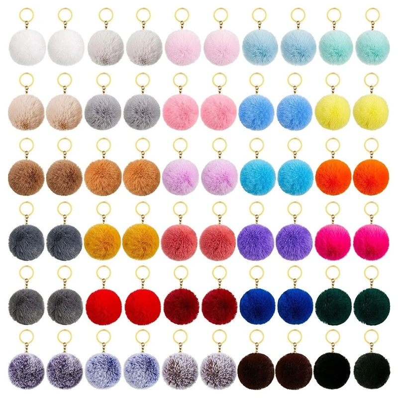 50-piece conjunto pom pom chaveiro fofo pompons de pele do falso chaveiro com anel rachado e chaveiros para saco charme acessórios