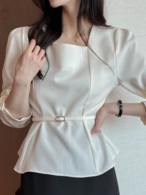 Elegant Korean Style Women's Shirt Square Collar Belted Waist Cinched Coarse Weave High Waist Bubble Sleeve Long Sleeve Top