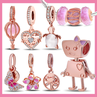 925 Sterling Silver Real Rose Gold Pink Octopus Summer Turtle Heart Dangle Charm Fit Original Bracelet Necklaces Bracelet Girl