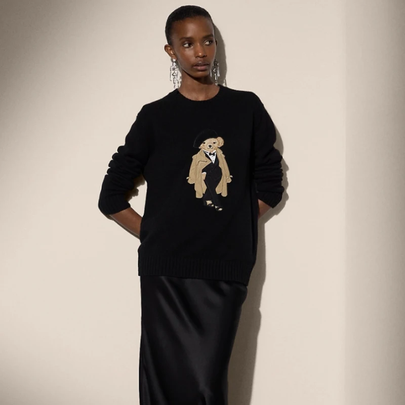 Роскошный дизайнерский вязаный свитер с медведем, женский свободный пуловер, осень-зима, топы с длинными рукавами RL, пальто, кашемировый лавровый трикотаж, одежда