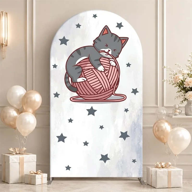 Single Side Arch Backdrop Cover Whimsical Cat Napping on Yarn Background for Party Decor with Star Motif and Pink Floral