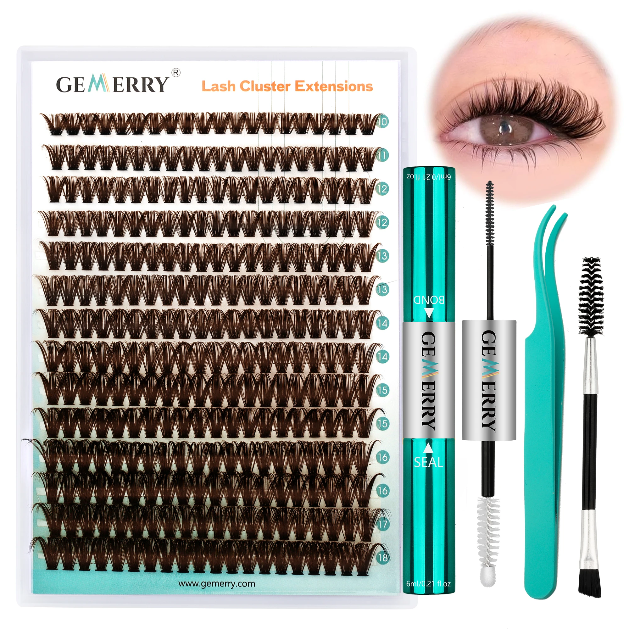 

GEMERRY 40D/80D/100D/200D 280Pcs DIY Eyelash Extension Kit Brown Fluffy Cluster Lashes D Curl Lash Bond and Seal, Lash Tweezers