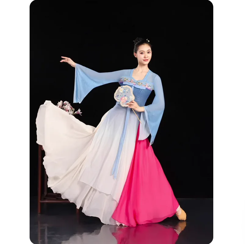 

Классический танцевальный костюм с изящной фигурой, длинная юбка до груди Хан Тан, комплект танцевальных костюмов с веером