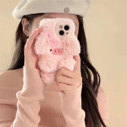 Luxury Pink Piggy Fluffy Fur phone case protection for iPhone 16 15 13 12 11 14 Pro Max XS XR 7 8 Plus X Lovely Pig Plush Coque