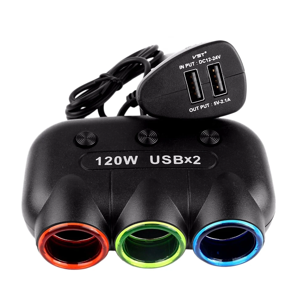 Vst Multi Socket Auto Car Cigarette Lighter Splitter 2Usb Power Adapter Charger 120W 3 Cigarette Lighter Charger 12V