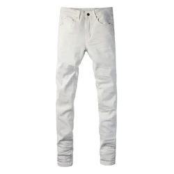 Men Classic White Denim Jeans Streetwear Skinny Tapered High Stretch Pants Pure Color Beige Trousers