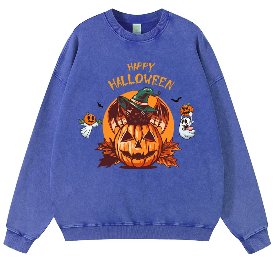 

Happy Halloween Woman Vintage Washed Cotton Sweatshirt Street Oversize Autumn Pullover Hipster Soft Hoodies Hip Hop Warm